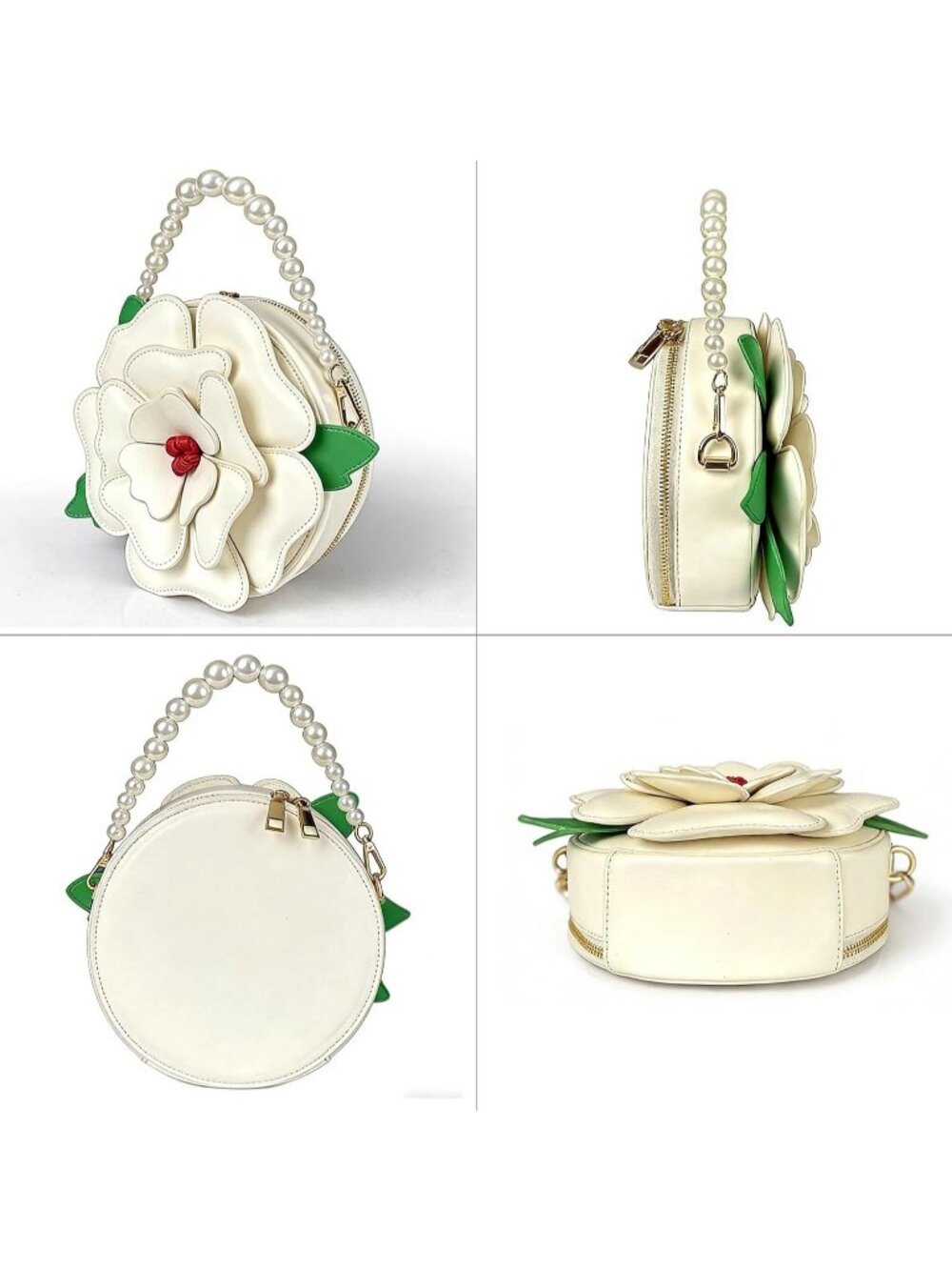 Women’s Flower Beige Purse Floral Pu Leather Crossbody Bag With Pearl Chains - Picture 3 of 6